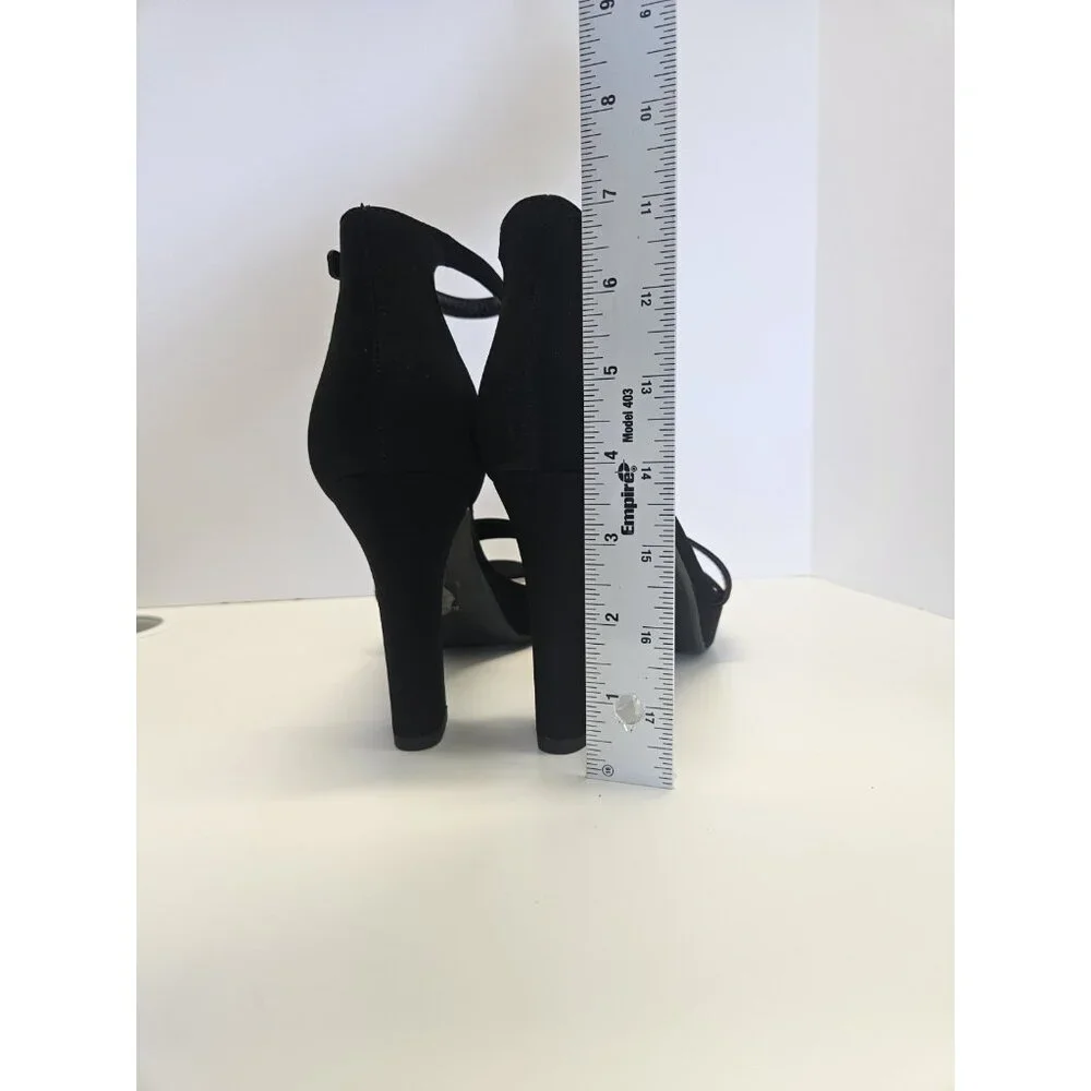 Stylish High Block Heel Women's Size 8 Open Toe Platform Ankle Strap Black Suede